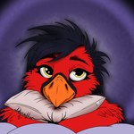 ambiguous_gender anthro beak black_hair feathers hair head_on_pillow hug hugging_object hugging_pillow looking_at_viewer pillow red_body red_feathers simple_background smile smiling_at_viewer solo tired yellow_eyes deerwalker avian bird cardinal_(bird) oscine passerine 1:1 hi_res line_art shaded shaded_line_art