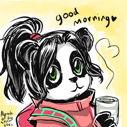 anthro backpack beverage black_hair black_nose clothing container countershade_face countershading cup dialogue female green_eyes hair heart_symbol holding_container holding_cup holding_object long_hair looking_at_viewer pink_clothing pink_shirt pink_topwear ponytail shirt simple_background smile solo tea text topwear yellow_background young young_anthro young_female alarakofthestorm blizzard_entertainment warcraft li_li_stormstout bear mammal pandaren 1:1 2021 colored dated signature sketch