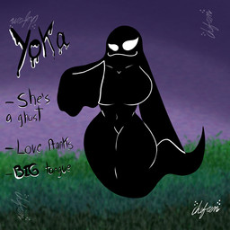 bald big_breasts black_body breasts female long_arms smile solo text thick_thighs chefrens yoka_(chefrens) ghost humanoid spirit 1:1 hi_res