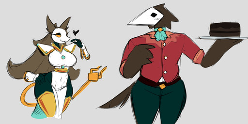 5_fingers anthro big_breasts biped blush blush_lines breasts clothed clothing duo eyebrows female fingers floating_hands grey_background hair half-closed_eyes heart_symbol holding_object holding_plate looking_at_another machine male narrowed_eyes plate simple_background smile standing tail wide_hips yellow_eyes latiar deltarune undertale_(series) avian darkner felid mammal robot robot_anthro swatchling