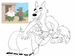 anthro balls belly big_belly big_butt bottomwear bottomwear_down butt clothed clothing duo erection eyewear genitals glasses male male/male overweight overweight_male pants pants_down partially_clothed penis simple_background sitting tongue tongue_out white_background geuremon fairy_tales family_guy big_bad_wolf peter_griffin canid canine canis domestic_pig mammal suid suina sus_(pig) wolf 2023 hi_res