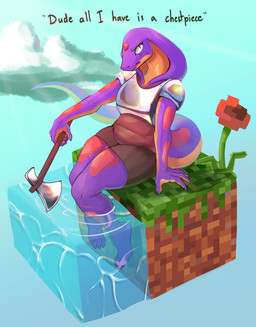 3_toes 5_fingers anthro armor axe barefoot belly bent_legs bodily_fluids breastplate breasts claws clothed clothing cloud countershade_face countershade_tail countershade_torso countershading dialogue extended_arms eyelashes feet female fingers flower foot_in_water grass holding_axe holding_object legs_in_water legs_over_edge legs_together looking_at_viewer looking_away melee_weapon minecraft_block outside over_edge partially_submerged pauldron plant poppy_(flower) pupils purple_body purple_scales scales sitting sky slightly_chubby slightly_chubby_anthro slightly_chubby_female slit_pupils snake_hood soaking_feet solo sweat sweatdrop tail text thick_thighs toe_claws toes water weapon corromon microsoft minecraft mojang xbox_game_studios keeshee cobra lamarian reptile scalie snake 2021 absurd_res english_text full-length_portrait hi_res portrait