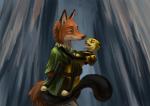 abstract_background anthro breasts collar duo female green_eyes male size_difference smile teeth under_boob yellow_eyes conditional_dnp latex_(artist) disney zootopia alyx_(latex) fan_character nick_wilde canid canine felid fox mammal red_fox true_fox 2016