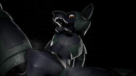 angry anthro black_background blue_eyes brown_eyes dutch_angle fangs featureless_crotch glistening glistening_body green_body looking_at_viewer machine male musk open_mouth sharp_teeth simple_background solo spread_legs spreading teeth zelyonka qutiix_(modeler) five_nights_at_freddy's scottgames fan_character sofy_lauren_foxlott animatronic canid canine fox mammal robot robot_anthro 16:9 2026 3d_(artwork) 4k absurd_res digital_media_(artwork) hi_res source_filmmaker_(artwork) watermark widescreen female_(lore)