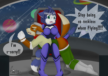 angry anthro begging blue_body blue_eyes blue_fur blue_hair bodily_fluids boots bottomwear bottomwear_down bound butt butt_slap canon_couple chair clothed clothing corporal_punishment cosmic_background crying dialogue dominant dominant_female duo female footwear fur furniture gloves hair hands_tied handwear jacket male on_knee on_lap orange_body orange_fur otk pants pants_down partially_clothed punishment reddened_butt shoes sitting slap smacking_ass space space_background spaceship_interior spank_marks spanked_butt spanking speech_bubble submissive submissive_male tail tears text topwear yelling fanny_the_paddle nintendo star_fox fox_mccloud krystal_(star_fox) alien canid canine fox mammal red_fox true_fox english_text