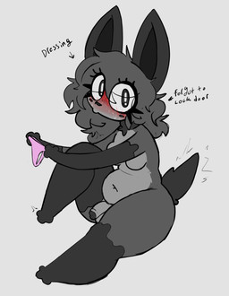 anthro balls blush bodily_fluids breasts caught_off_guard changing_clothing clothing flaccid genitals gynomorph humanoid_genitalia humanoid_penis intersex navel nude panties penis solo sweat text thick_thighs underwear wide_hips dawrklawst dawrk canid canine canis goo_creature jackal mammal 2026 english_text hi_res