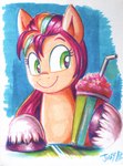 bendy_straw beverage drinking_straw female feral green_eyes hair hooves leg_markings markings purple_hair smile smoothie socks_(marking) jowybean hasbro mlp_g5 my_little_pony sunny_starscout_(mlp) earth_pony equid equine horse mammal pony hi_res traditional_media_(artwork)