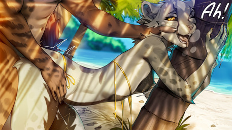 anthro areola beach bikini black_body black_fur bodily_fluids breasts claws clothing constellation constellation_markings countershading cum duo exposed_breasts fangs female fur genital_fluids grabbing_from_behind grey_body grey_fur hugging_tree island leaking_cum male male/female markings nipples one_eye_closed palm_tree plant sea sex spots spotted_body spotted_fur swimwear teeth tongue tongue_out tree tropical two-piece_swimsuit water yellow_bikini yellow_clothing yellow_eyes yellow_swimwear hicheeras zizi_(blackoutarts) cheetah felid feline mammal hi_res