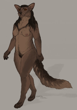 anthro barely_visible_genitalia barely_visible_vulva biped black_hair breasts brown_eyes brown_hair digitigrade fangs female female_anthro feminine fluffy fluffy_tail genitals gloves_(marking) hair leg_markings long_hair long_tail looking_at_viewer makeup markings medium_breasts movement natural_breasts natural_colors nude nude_anthro nude_female pawpads pose pubes realistic realistic_anatomy slightly_chubby slim socks_(marking) solo tail tasteful_nudity teeth teeth_showing text three-quarter_view vulva yellow_eyes mortalskull domestic_cat felid feline felis mammal oriental_longhair oriental_shorthair artist_name brown_theme digital_drawing_(artwork) digital_media_(artwork) english_text full-length_portrait handwritten_text hi_res portrait restricted_palette shaded simple_shading warm_colors