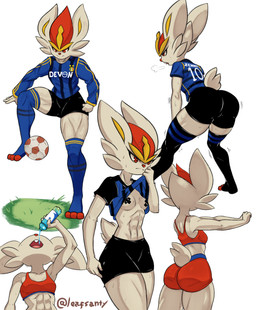 abs anthro athletic band-aid bandage bodily_fluids bottomwear breasts breath butt clothing crop_top drinking female football_player legwear multicolored_body muscular_legs red_eyes shirt shorts small_breasts solo stockings stretching sweat thigh_shorts topwear training zenni_(leafsanty) leafsanty nintendo pokemon cinderace generation_8_pokemon lagomorph mammal pokemon_(species) hi_res
