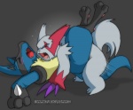 anal anal_penetration anthro balls_deep black_body black_fur blue_body blue_fur blush canid canine claws dark_nek0gami duo eyes_closed facial_markings from_front_position fur generation_3_pokemon generation_4_pokemon head_markings herpestid interspecies lucario lying male male/male male_penetrated male_penetrating male_penetrating_male mammal markings missionary_position nintendo on_back open_mouth orgasm penetration pokemon pokemon_(species) red_markings rough_sex sex side_view simple_background slightly_chubby tail yellow_body yellow_fur zangoose