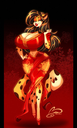 anthro big_breasts black_hair blonde_highlights breasts clothing dress dress_shoes female fur hair highlights_(coloring) huge_breasts red_clothing red_dress solo spots yellow_body yellow_fur ooo-belise-ooo mayuri_parda cheetah felid feline mammal hi_res