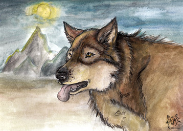ambiguous_gender black_nose brown_body brown_eyes brown_fur feral fur logo mountain open_mouth pink_tongue sky solo sun tan_body tan_fur tongue tongue_out kola_(artist) canid canine mammal 2013 artist_logo dated signature traditional_media_(artwork)