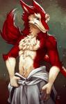 4_fingers anthro blue_eyes chest_tuft clothed clothing fingers fur male multicolored_body multicolored_fur red_body red_fur solo tail topless tuft white_body white_fur noviraine cassius_(oldmancassius) sergal