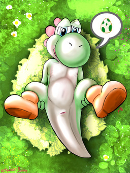 animal_genitalia belly blue_eyes cloaca clothing egg feral flower footwear footwear_only genitals green_body looking_at_viewer lying male mostly_nude nature nature_background on_back plant presenting presenting_cloaca shoes shoes_only solo speech_bubble tail tailbutt thick_tail white_belly squeakerbunny mario_bros nintendo yoshi_(character) dinosaur green_yoshi humanoid prehistoric_species reptile scalie yoshi 3:4 absurd_res hi_res shaded