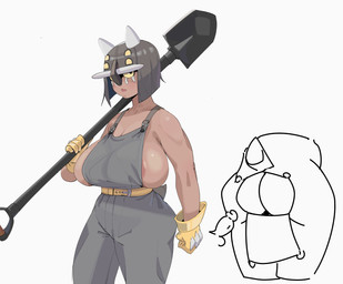 2_horns 5_fingers areola areola_slip belt big_breasts biped breasts brown_hair butt butt_flap clothed clothed_female clothed_humanoid clothing disembodied_penis duo facial_markings female female_humanoid fingers fist genitals gloves hair handwear head_markings holding_object holding_shovel holding_tool horn humanoidized male markings mouth_closed no_sclera overalls overalls_only penis pupils short_tail shovel simple_background solo_focus standing tail tan_body tan_skin three-quarter_view tools white_background yellow_belt yellow_clothing yellow_eyes yellow_gloves yellow_handwear gooneet nintendo pokemon bastiodon fossil_pokemon generation_4_pokemon humanoid pokemon_(species) pokemon_humanoid 2026 archived_source digital_drawing_(artwork) digital_media_(artwork) hi_res multiple_images shaded