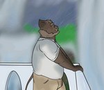 anthro arm_support balcony beard belly bottomwear brown_body brown_fur bulge clothing eyewear facial_hair fur glasses khakis long_tail looking_up male outside overweight overweight_male pants raining rolled_up_sleeves scar shirt short_ears side_view solo standing tail topwear tusks wet wet_clothing wet_shirt wet_topwear custardalvis sihai's_legacy jehu_(sihai's_legacy) mammal suid suine sus_(pig) wild_boar 2020 animated half-length_portrait hi_res portrait short_playtime