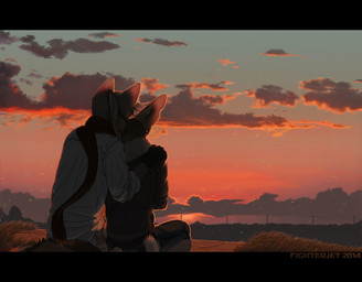 ambiguous_gender anthro clothed clothing cloud concrete cracks detailed_background duo ear_piercing grass hair heart_symbol love outside piercing plant power_lines romantic romantic_ambiance romantic_couple scarf shirt sitting sky sunset topwear fighterjet canid canine domestic_cat felid feline felis fox mammal letterbox