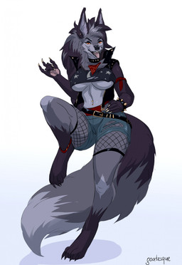 anthro belt bottomwear clothing collar crop_top denim denim_bottomwear denim_clothing denim_shorts female fishnet_clothing fur grey_body grey_fur jacket leather leather_clothing leather_jacket leather_topwear looking_at_viewer navel navel_piercing open_mouth piercing shirt shorts solo tongue tongue_out topwear yellow_eyes goatesque canid canine canis mammal wolf hi_res