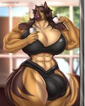 anthro big_bulge big_muscles bulge cellphone electronics gynomorph holding_cellphone holding_object holding_phone huge_bulge huge_muscles hyper hyper_muscles intersex muscular phone selfie smartphone solo tail lavochnica canid canine canis mammal wolf absurd_res hi_res