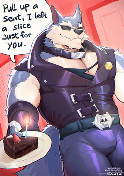 anthro blue_body blue_fur bulge clothed clothing ear_piercing eyewear fur gloves handwear jacket leather leather_clothing leather_jacket leather_topwear male multicolored_body multicolored_fur muscular muscular_anthro muscular_male piercing solo sunglasses text topwear two_tone_body two_tone_fur exsys dislyte lilith_games freddy_(dislyte) canid canine canis mammal wolf 2025 english_text
