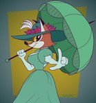 anthro big_breasts breasts clothed clothing dress female fully_clothed hat headgear headwear parasol side_view solo yellow_eyes gavanzude adult_swim cartoon_network unicorn:_warriors_eternal june_way canid canine fox mammal hi_res