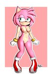 accessory anthro areola black_nose blush boots bracelet breasts clothing eyelashes featureless_crotch female footwear front_view fur gloves green_eyes hair hair_accessory hairband handwear head_tuft jewelry mostly_nude navel nipples pink_areola pink_background pink_body pink_fur pink_hair pink_nipples red_boots red_clothing red_footwear shoes short_hair simple_background small_breasts smile solo tan_body tan_fur thick_thighs tuft white_background white_clothing white_gloves white_handwear wide_hips xenrevv sega sonic_the_hedgehog_(series) amy_rose eulipotyphlan hedgehog mammal hi_res