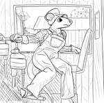 anthro clothing engineer_(profession) engineer_cap female gloves hair handwear inside_locomotive inside_train locomotive overalls short_hair solo steam_locomotive train vehicle panzerschreckleopard ophelia_(panzerschreckleopard) american_opossum mammal marsupial 2022 absurd_res hi_res monochrome