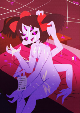 4_arms 5_eyes anthro areola black_hair black_sclera bodily_fluids breasts cum cum_covered cum_in_mouth cum_inside female front_view genital_fluids hair looking_at_viewer messy multi_arm multi_eye multi_limb nipples nude pigtails purple_areola purple_body purple_eyes purple_nipples red_bow sitting solo sweat thick_thighs wide_hips silverplatin undertale undertale_(series) muffet arachnid arthropod spider absurd_res hi_res
