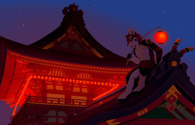 anthro asian_architecture biped black_markings countershading detailed_background digitigrade fur happy holding_object lamp lantern low-angle_view male markings night nude orange_body orange_fur outside paper_lantern red_body red_fur sitting sky smile solo temple white_body white_countershading white_fur akitamonster felid mammal pantherine tiger