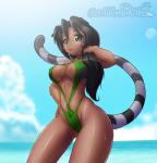 beach big_breasts bikini black_hair black_stripes breasts cat_tail clothed clothing facial_markings female green_eyes hair head_markings long_hair markings nipple_outline one-piece_swimsuit outside seaside sling_bikini solo stripes swimwear two-piece_swimsuit water nekonny caribbean_blue kimi_(caribbean_blue) animal_humanoid cat_humanoid domestic_cat felid felid_humanoid feline feline_humanoid felis human humanoid mammal mammal_humanoid