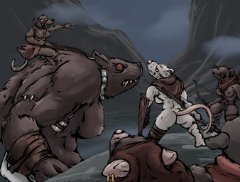 anthro belt big_breasts bow_(weapon) breasts bridle brown_body brown_fur butt claws cliffs clothed clothing collar detailed_background ear_piercing ear_ring fangs female fur genitals gesture group hand_gesture holding_object holding_shield holding_weapon hood looking_at_another melee_weapon mostly_nude muscular muscular_female nipples outside partially_clothed piercing pointing polearm ranged_weapon red_eyes reins riding ring_piercing scar shield size_difference spear standing surgical_suture teeth vulva weapon white_body white_fur bunnylace warhammer_(franchise) warhammer_fantasy mammal murid murine rat rat_ogre rodent skaven