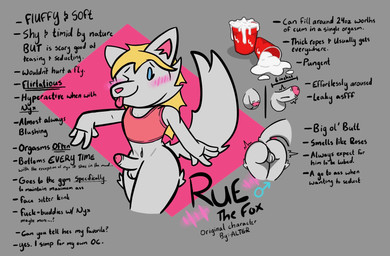 anthro balls blonde_hair blush blush_lines gender_symbol genitals hair humanoid_genitalia humanoid_penis male male_symbol one_eye_closed penis profanity solo symbol text tongue tongue_out wink alternativefoot rue_(alternativefoot) canid canine mammal english_text hi_res