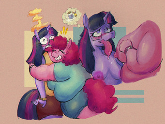 anthro anthro_on_anthro big_breasts blush bodily_fluids breasts clothed clothing curly_hair duo emanata eyelashes eyes_closed eyewear female female/female flustered fur glasses hair horn hug imagination lactating multicolored_hair nipples open_mouth open_smile overweight overweight_anthro overweight_female pink_body pink_fur pink_hair purple_body purple_fur saliva saliva_string smile tongue tongue_out wolfgirl9million friendship_is_magic hasbro my_little_pony mythology pinkie_pie_(mlp) twilight_sparkle_(mlp) equid equine horse mammal mythological_creature mythological_equine pony unicorn hi_res