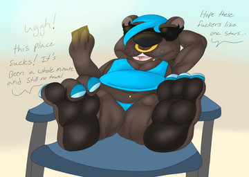 anthro beach blue_body blue_clothing blue_fur clothing curling_toes dialogue electronics eyewear facial_piercing feet female foot_fetish foot_focus fur nose_piercing nose_ring pawpads phone piercing profanity ring_piercing shirt sitting slightly_chubby solo sunglasses tank_top text topwear jaythefox333 janet_(jaytheburr333) bear mammal english_text hi_res