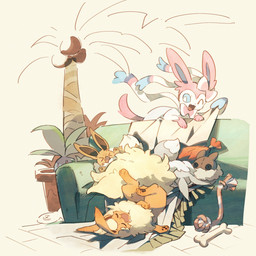 ambiguous_gender blue_eyes bone bow_(anatomy) brown_body brown_fur coconut drupe_(fruit) fangs female feral fluffy fluffy_tail food fruit fur furniture grey_body group male one_eye_closed orange_body palm_tree pawpads paws pink_body pink_fur plant plant_pot plushie ribbons_(anatomy) sleeping sofa tail teeth tongue tree white_body white_fur yellow_body yellow_fur lanjiujiu nintendo pokemon eevee eeveelution elemental_creature flareon flora_fauna generation_1_pokemon generation_6_pokemon oddish pokemon_(species) shiny_pokemon sylveon 1:1 2025 absurd_res hi_res