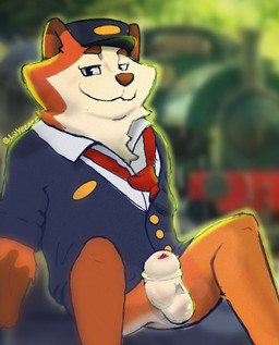 animal_genitalia anthro balls blush butt conductor fur genitals looking_at_viewer male orange_body orange_fur railway_track saggy_balls sheath sitting solo train vehicle lilyeener foxfield_railway reg_the_railway_fox canid canine fox mammal digital_drawing_(artwork) digital_media_(artwork)