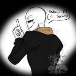 bald biped black_clothing black_eyes black_topwear clothed clothing fully_clothed gesture half-closed_eyes hand_gesture hole_(anatomy) narrowed_eyes not_furry pointing pointing_up rear_view smile solo spotlight standing tan_neckwear text topwear white_body lizheru undertale undertale_(series) gaster humanoid 1:1 digital_media_(artwork) english_text guide_lines half-length_portrait portrait sketch watermark