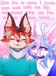 anthro biped black_nose blue_eyes blush bodily_fluids dialogue duo eyelashes eyes_closed fangs female fur hair male pink_background pink_nose simple_background sweat teeth text white_body white_fur prsmrti prism_(prsmrti) bat canid canine mammal hi_res