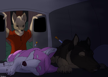 ambiguous_gender anthro dart drugged feral male substance_intoxication tranquilized tranquilizer unconscious unconscious_feral backlash91 conditional_dnp kiba_kurokage stomak akita canid canine canis domestic_dog husky mammal nordic_sled_dog spitz absurd_res hi_res maleherm_(lore)