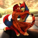 anthro black_nose blue_body blue_fur digitigrade duo eyes_closed fur hair male orange_body orange_fur red_eyes red_hair smile angiewolf kami_(kamithetiger) kogata canid canine mammal 1:1 2017 digital_media_(artwork) shaded