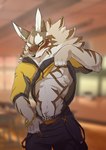 anthro blush clothed clothing clothing_lift countershading embarrassed male pecs shirt shirt_lift solo topwear underwear nokia1124_a lifewonders tokyo_afterschool_summoners seth_(tas) canid canine canis jackal mammal hi_res