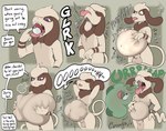 abdominal_bulge animal_genitalia anthro anthro_pred balls belly big_belly bodily_fluids breath burp_cloud burping burping_up_object digestion fatal_vore fur genitals hand_on_belly male male_pred neck_bulge open_mouth oral_vore pokeball saliva sheath simple_background soft_vore standing swallowing tail teeth text tongue tongue_out vore white_body white_fur arkailart nintendo pokemon generation_2_pokemon pokemon_(species) smeargle 2025 absurd_res comic english_text hi_res sequence signature watermark