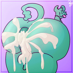 after_sex anthro anus backsack balls big_butt bodily_fluids butt cum cum_inside ejaculation excessive_cum excessive_genital_fluids facial_markings genital_fluids genitals head_markings huge_butt male markings penis puffy_anus raised_tail simple_background small_penis solo tail teal_anus teal_body tongue tongue_out helloimfurry zee_(helloimfurry) alien sarumon_(helloimfurry) hatching_(art) shaded watermark