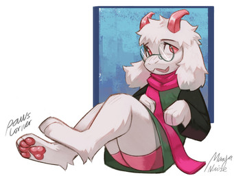 2_horns anthro clothed clothed_anthro clothed_male clothing eyewear floppy_ears fur glasses green_clothing green_eyewear green_glasses green_robe horn lop_ears male pawpads paws pink_clothing pink_eyes pink_horn pink_scarf pink_underwear robe scarf solo underpaw underwear upskirt white_body white_fur manyannaise deltarune undertale_(series) ralsei bovid caprine goat mammal hi_res signature