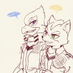 anthro blue_eyes clothing duo green_eyes kemono male s_mino930 nintendo star_fox falco_lombardi fox_mccloud avian bird canid canine fox mammal 1:1