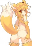 anus blonde_hair blush bottomless butt clothed clothing female fur genitals hair looking_at_viewer open_mouth pussy question_mark red_eyes simple_background solo standing tan_anus tan_pussy white_background yellow_body yellow_fur tsuderou ragnarok_online moonlight_flower animal_humanoid canid canid_humanoid canine canine_humanoid fox fox_humanoid humanoid mammal mammal_humanoid 2017