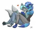 anthro bottomwear breasts clothing cuddling denim denim_bottomwear denim_clothing duo feet female fluffy fluffy_tail heart_symbol hindpaw jeans love male multi_tail pants paws romantic romantic_couple shirt smile spots tail tank_top topwear frozen_over sexyspots fenni canid canine canis hyena mammal spotted_hyena wolf 2013