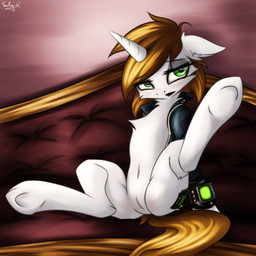 alternate_universe bedroom_eyes bottomless brown_hair brown_tail chest_tuft clothed clothing cutie_mark eyelashes female feral fur furniture genitals green_eyes hair hooves horn jacket leaning leaning_backward looking_at_viewer narrowed_eyes navel open_clothing open_jacket open_mouth open_topwear pip-boy presenting presenting_vulva seductive sitting sofa solo spread_legs spreading tail topwear tuft underhoof vulva white_body white_fur akylie fallout fallout_equestria hasbro microsoft my_little_pony mythology fan_character littlepip equid equine mammal mythological_creature mythological_equine unicorn 1:1 digital_media_(artwork) hi_res shaded