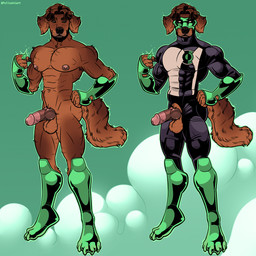 anthro circumcised genitals humanoid_genitalia humanoid_penis hybrid_genitalia hybrid_penis knot knotted_humanoid_penis knotted_penis male muscular penis solo superhero tail pullaskiart green_lantern kyle_rayner bird_dog canid canine canis domestic_dog hunting_dog irish_setter mammal setter 1:1 hi_res
